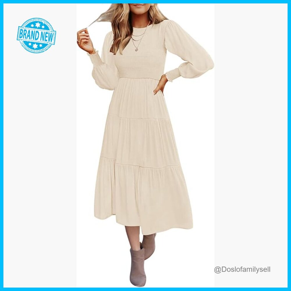 Casual Long Sleeve Smocked Midi Dress Flowy Tiered High Waist Elegant Chic